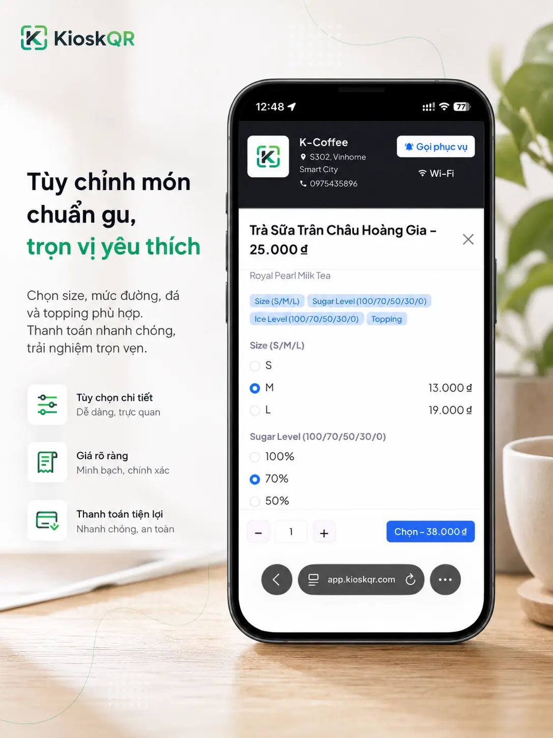 Khách chọn size và topping của món trên Menu QR KioskQR