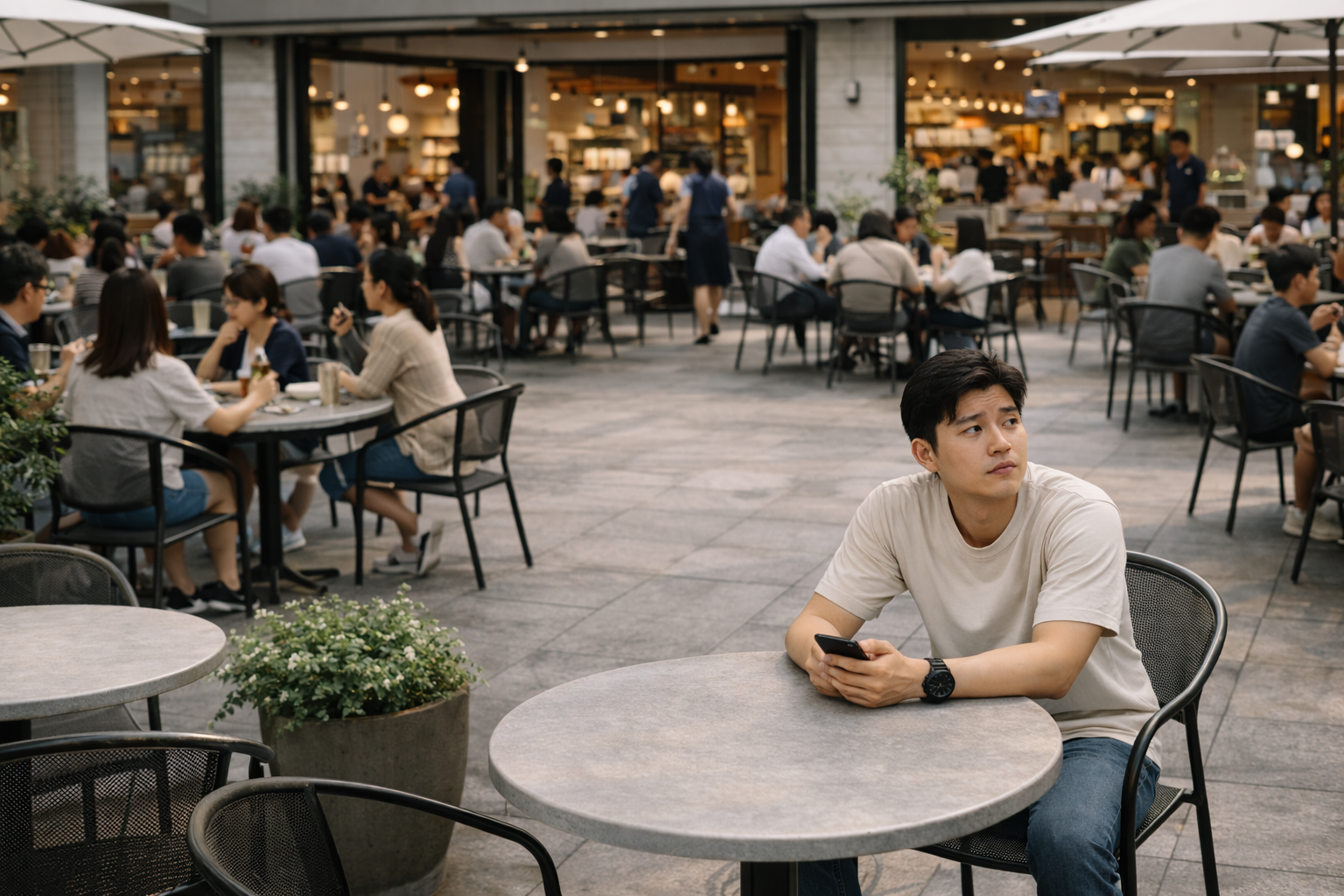 Khách ngồi tại bàn chờ nhân viên ra nhận order trong quán cafe