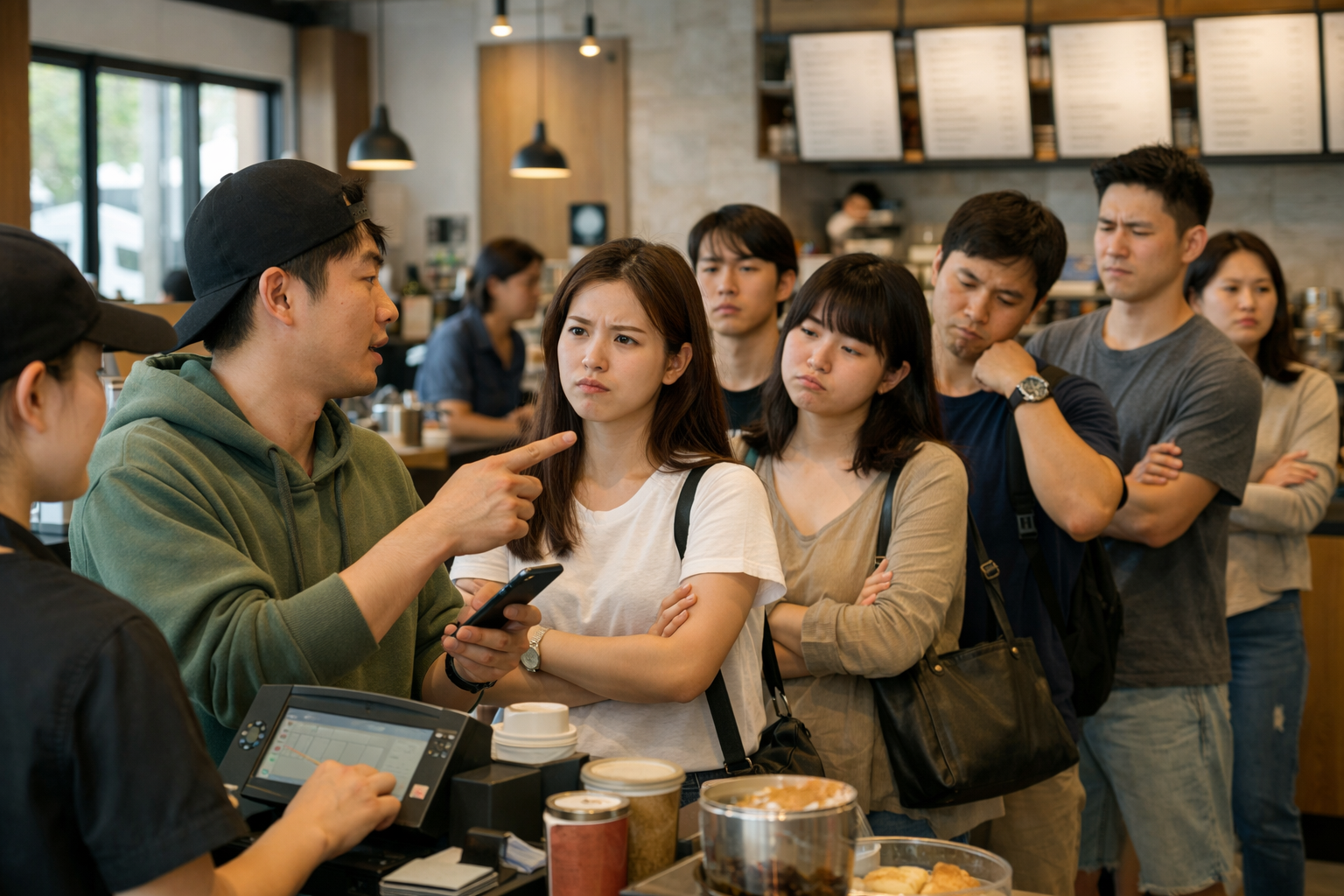Khách xếp hàng chờ order tại quầy trong quán cafe đông khách