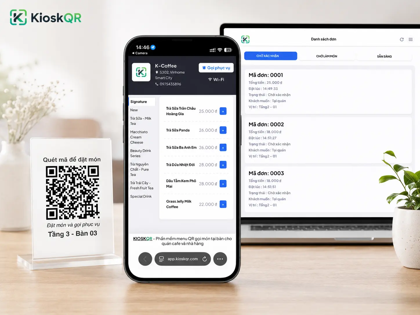 Menu QR Code KioskQR trên điện thoại, mã QR bàn và màn hình nhận order