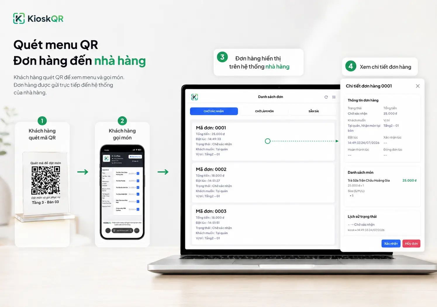 Màn hình KioskQR nhận và quản lý order được gửi từ Menu QR