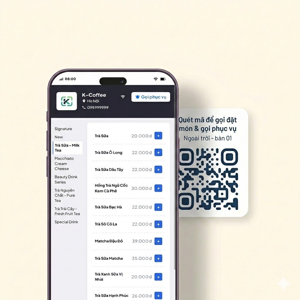 Menu QR trên điện thoại để khách tự gọi món tại bàn trong quán cafe