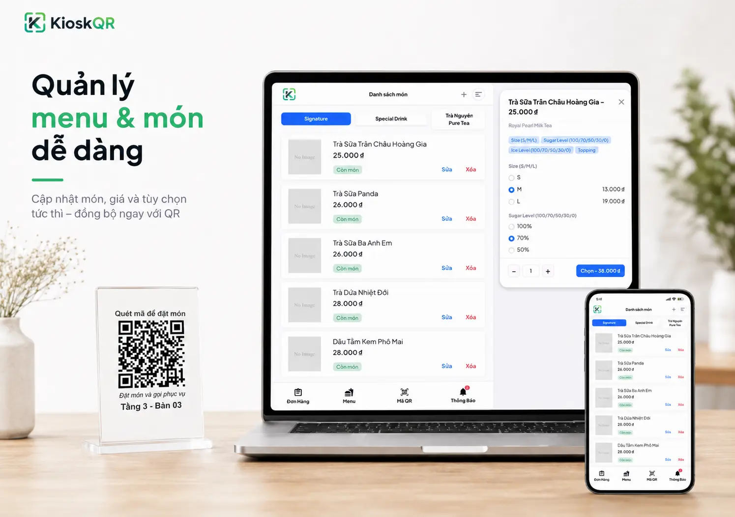 Màn hình KioskQR quản lý món và danh mục để tạo Menu QR