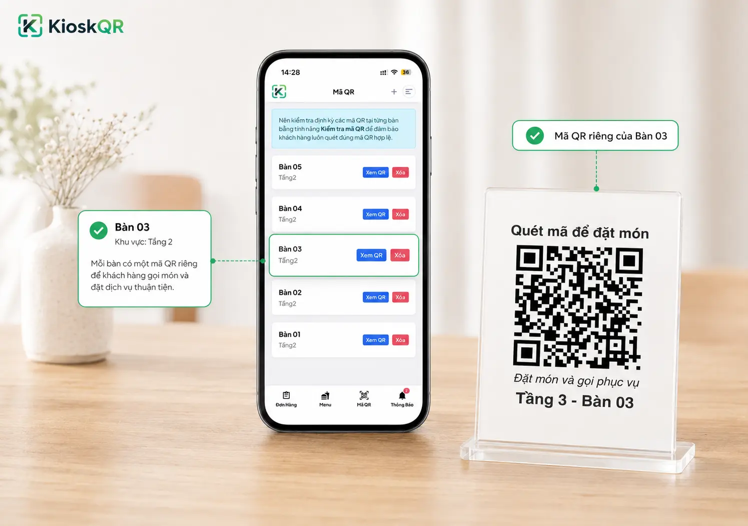 Màn hình KioskQR tạo và tải mã QR riêng cho từng bàn