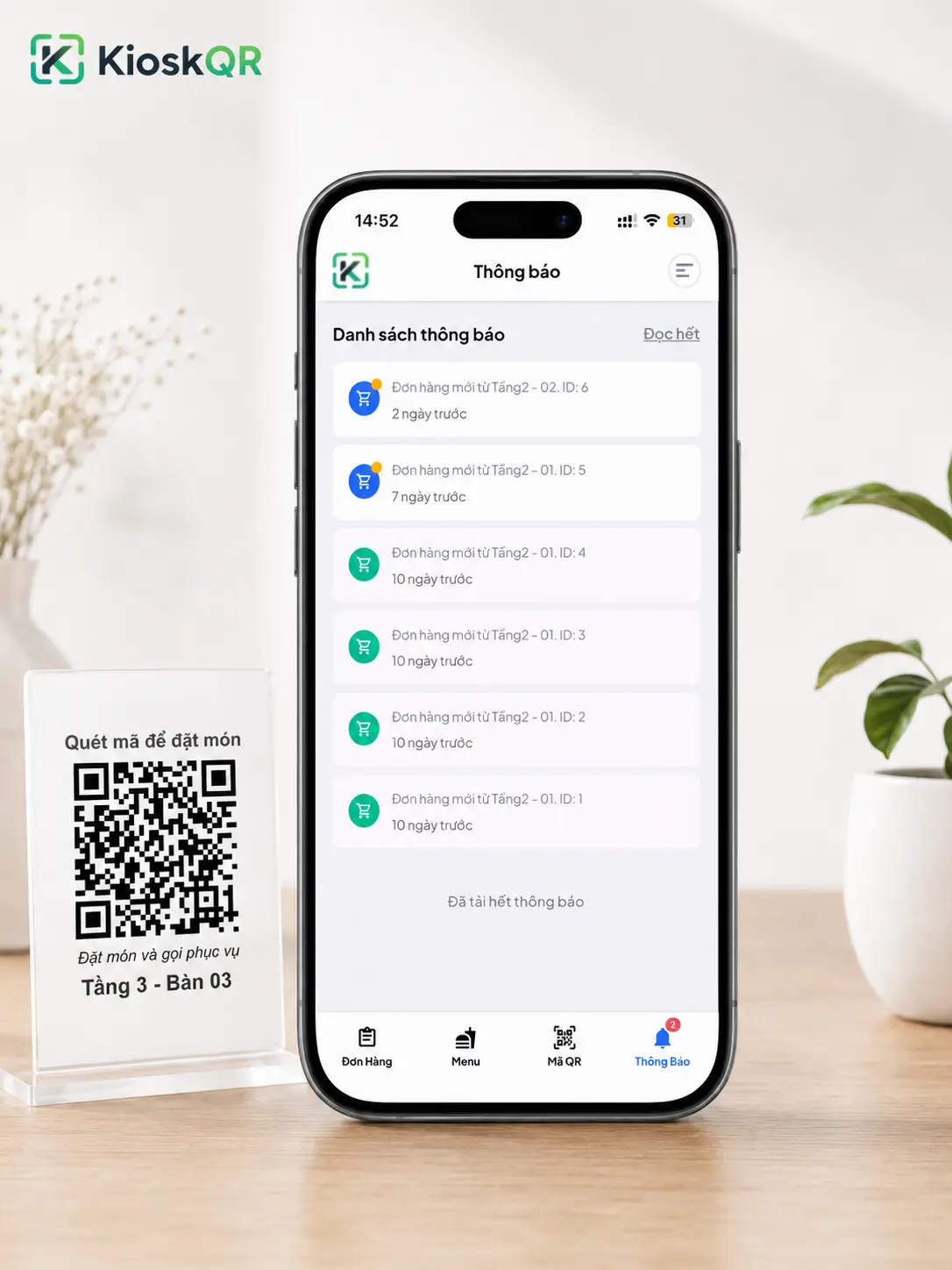 Màn hình thông báo order của KioskQR