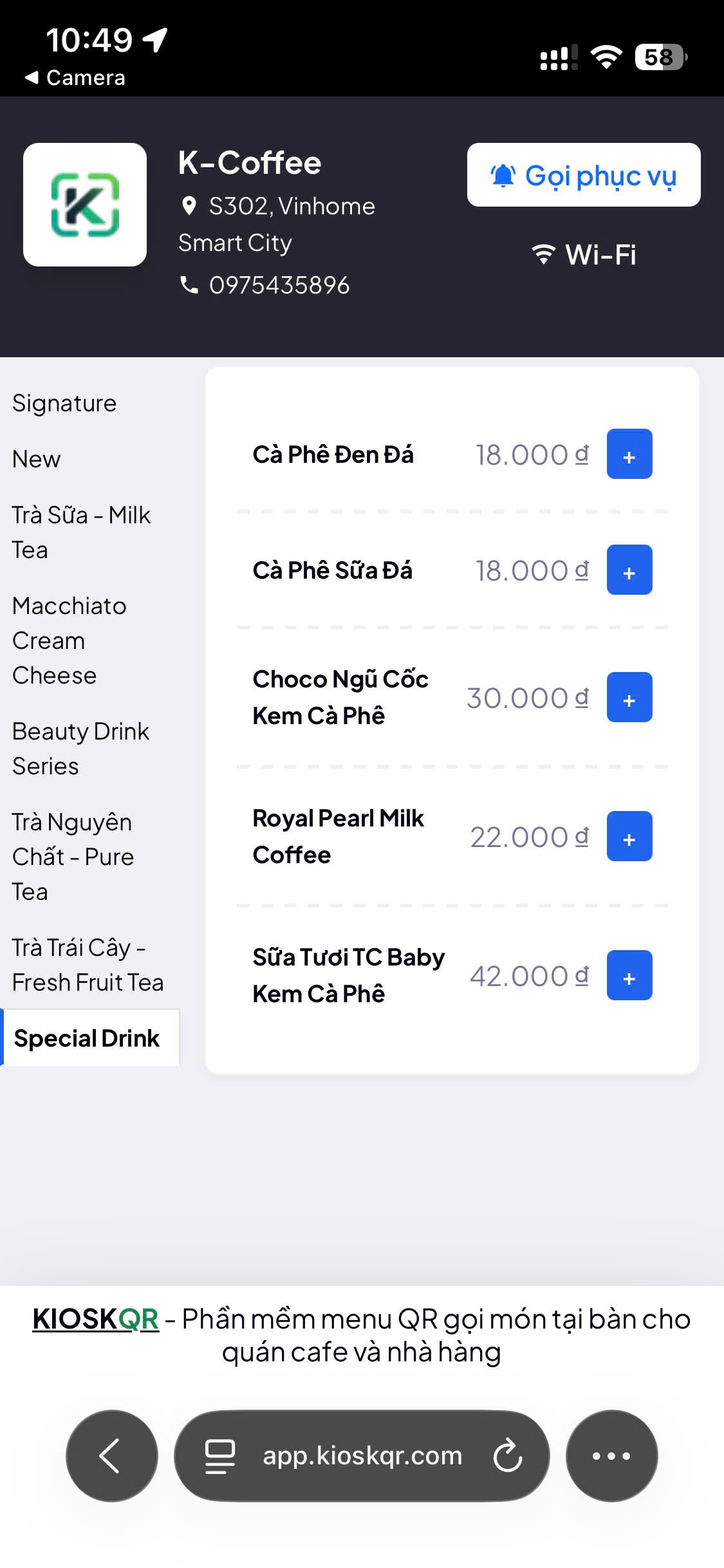 Giao diện menu QR để khách chọn món trên điện thoại