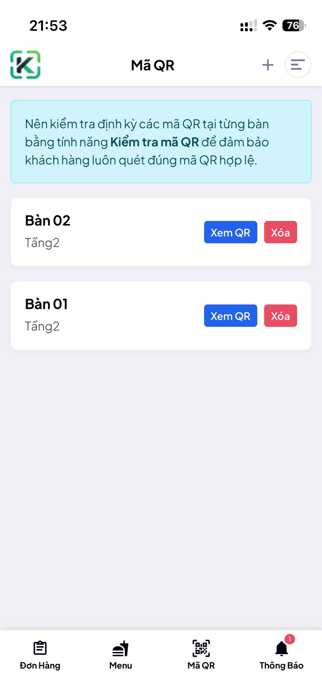 Giao diện tạo và quản lý mã QR riêng cho từng bàn trên KioskQR