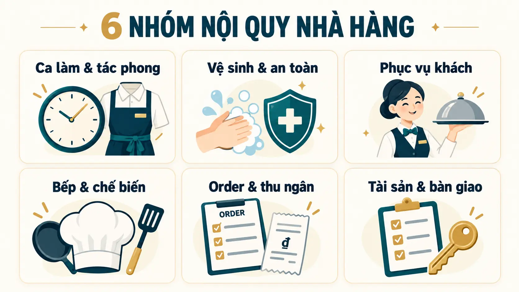 Sáu nhóm nội quy nhà hàng: ca làm và tác phong, vệ sinh an toàn, phục vụ khách, bếp, order và thu ngân, tài sản và bàn giao