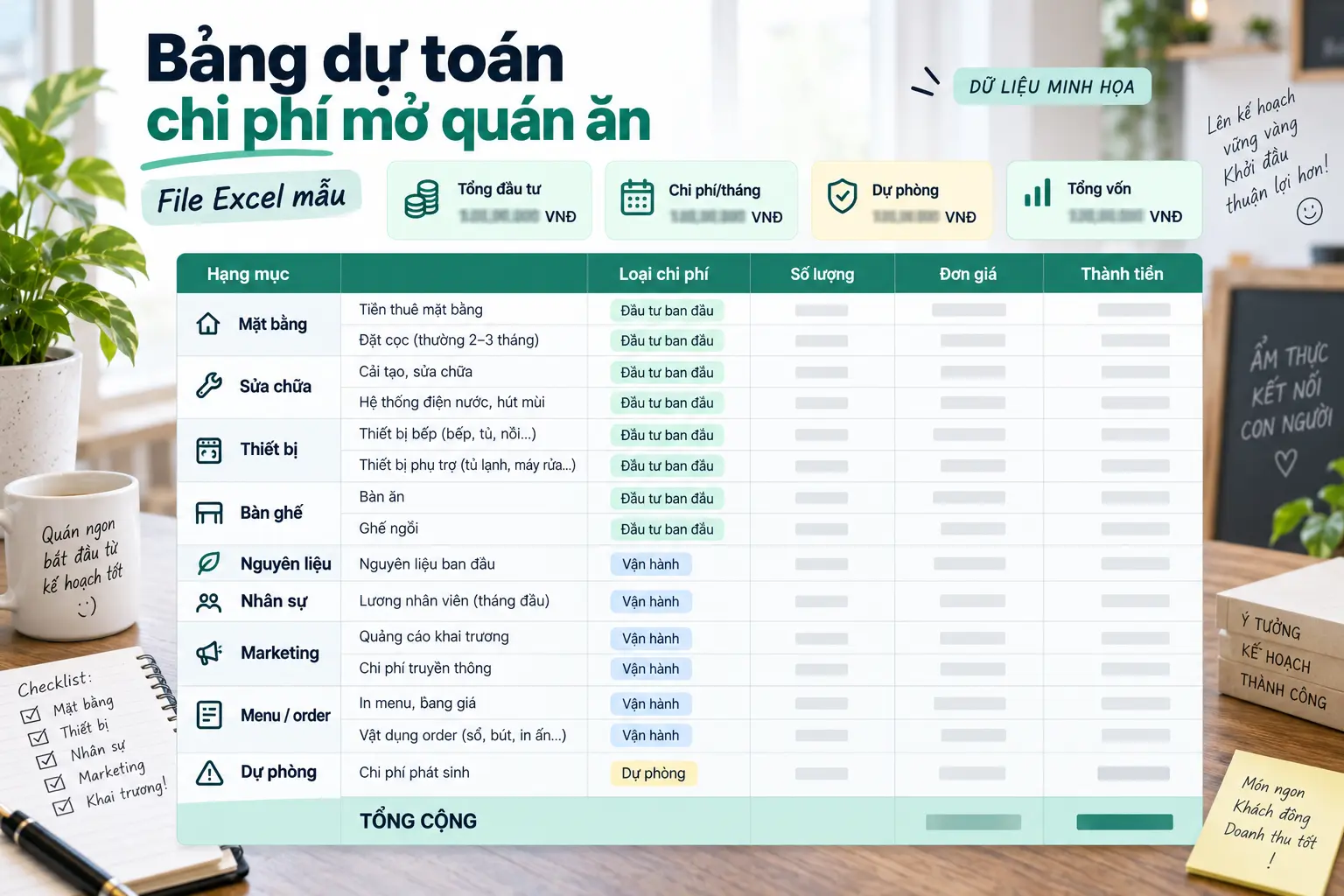 Mẫu bảng dự toán chi phí mở quán ăn bằng Excel
