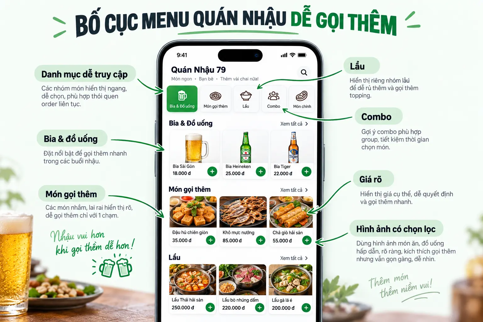Bố cục menu quán nhậu giúp khách dễ gọi thêm món