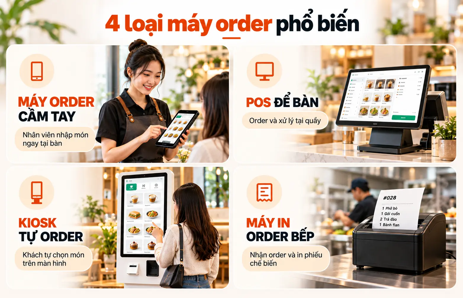 Các loại máy order phổ biến gồm máy cầm tay, POS để bàn, kiosk và máy in order bếp