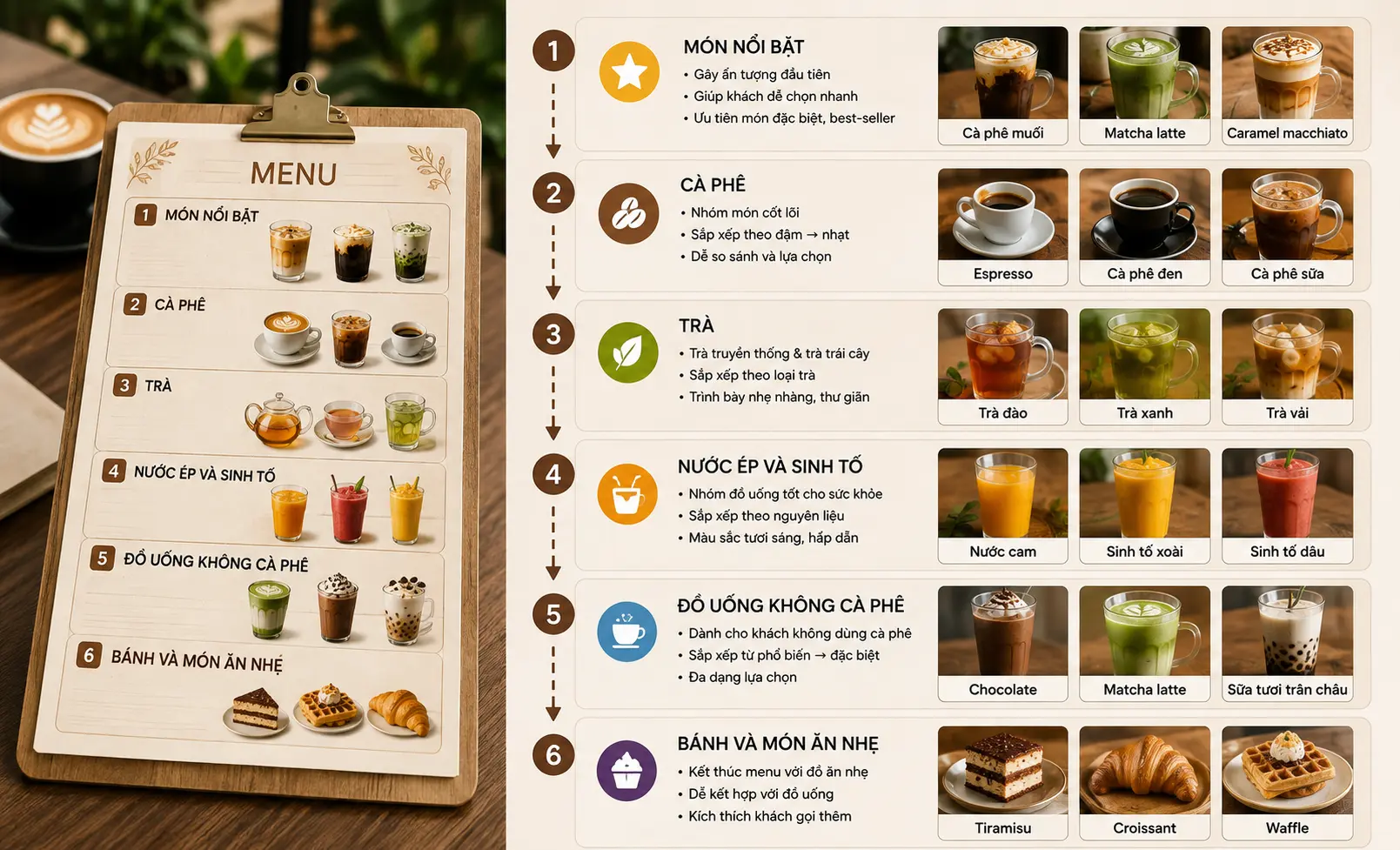 Cách sắp xếp danh mục và món trong menu quán cafe