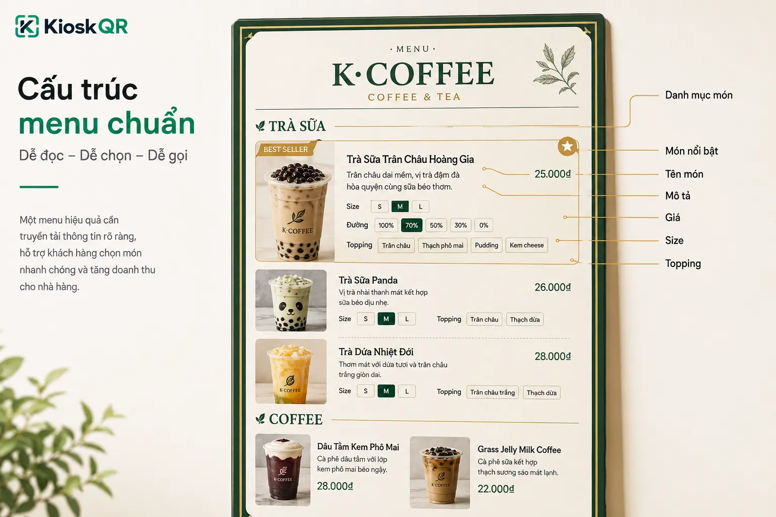 Cấu trúc menu nhà hàng gồm nhóm món tên món mô tả giá size và topping