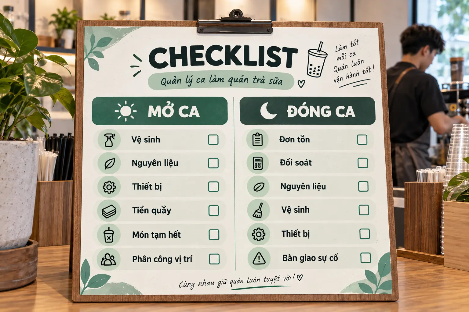 Checklist mở ca và đóng ca cho quán trà sữa