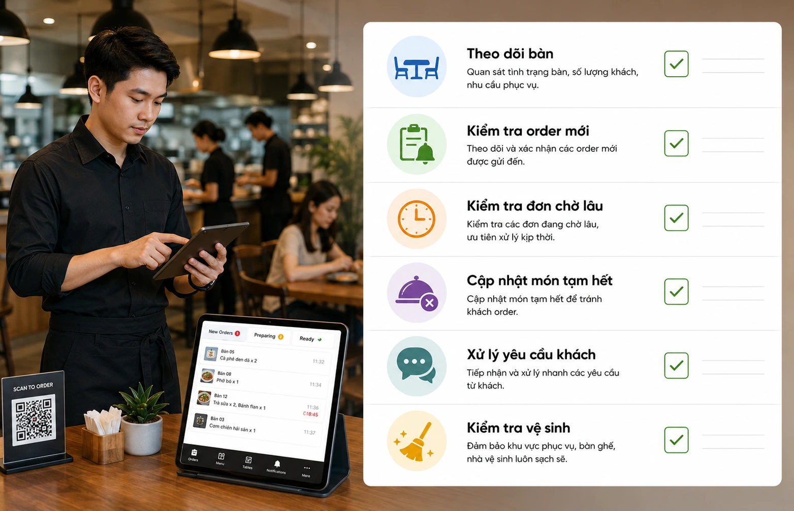 Checklist quản lý nhà hàng trong ca phục vụ