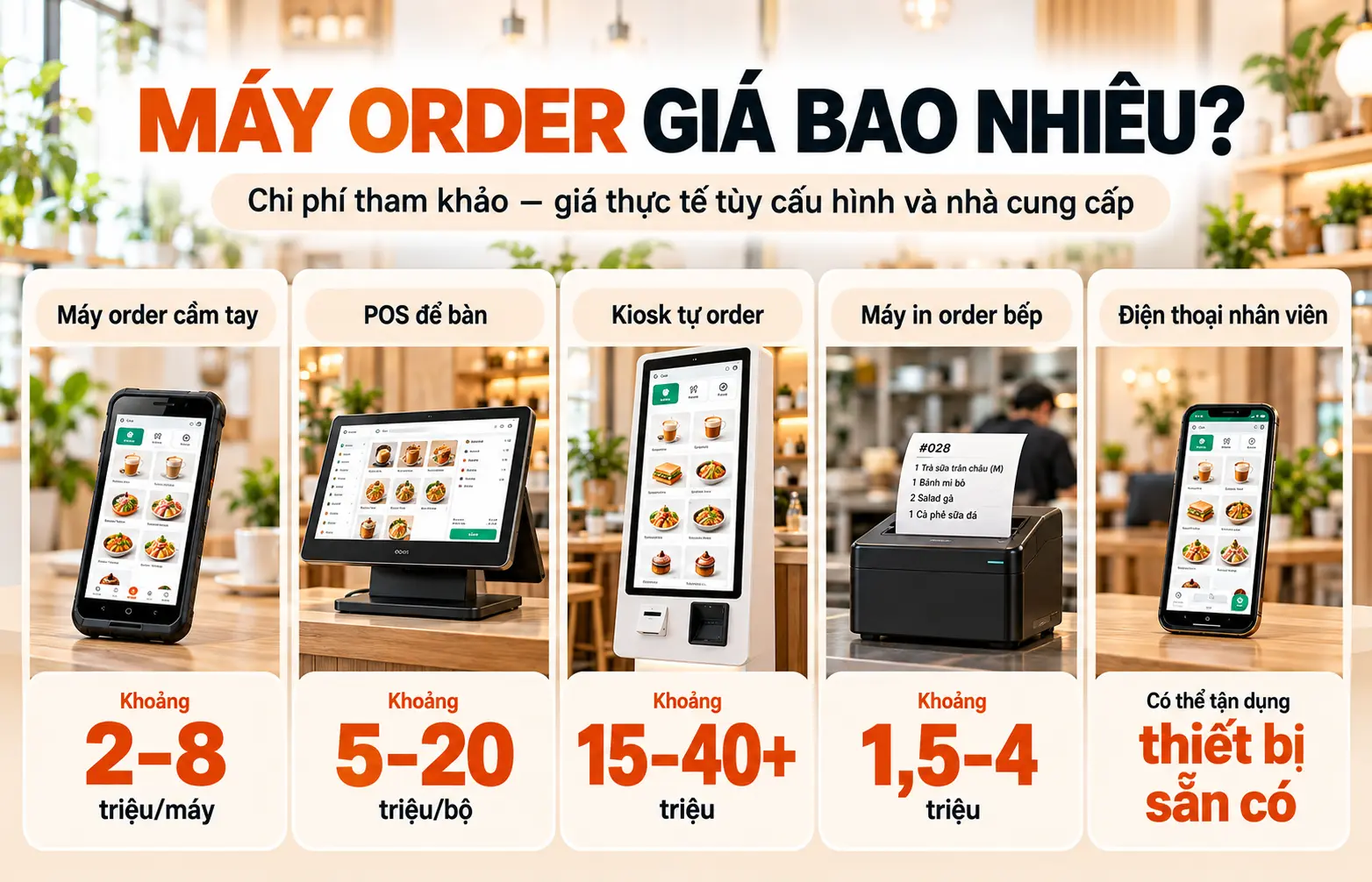So sánh chi phí tham khảo của máy order cầm tay POS kiosk và máy in order bếp