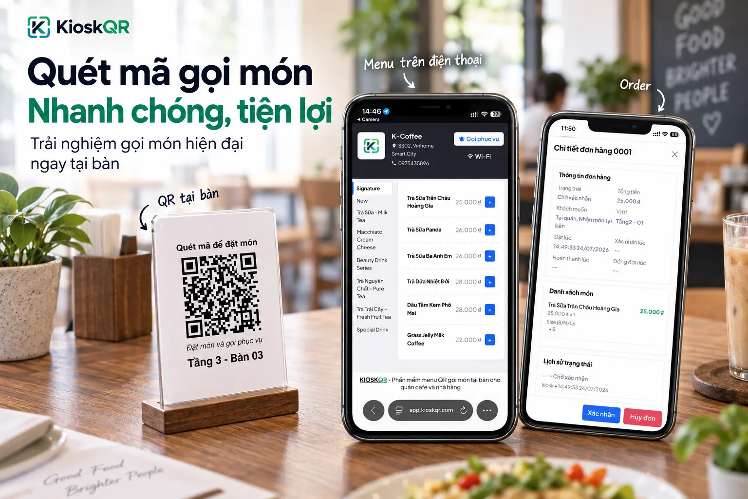 Minh họa menu QR và gọi món tại bàn bằng KioskQR
