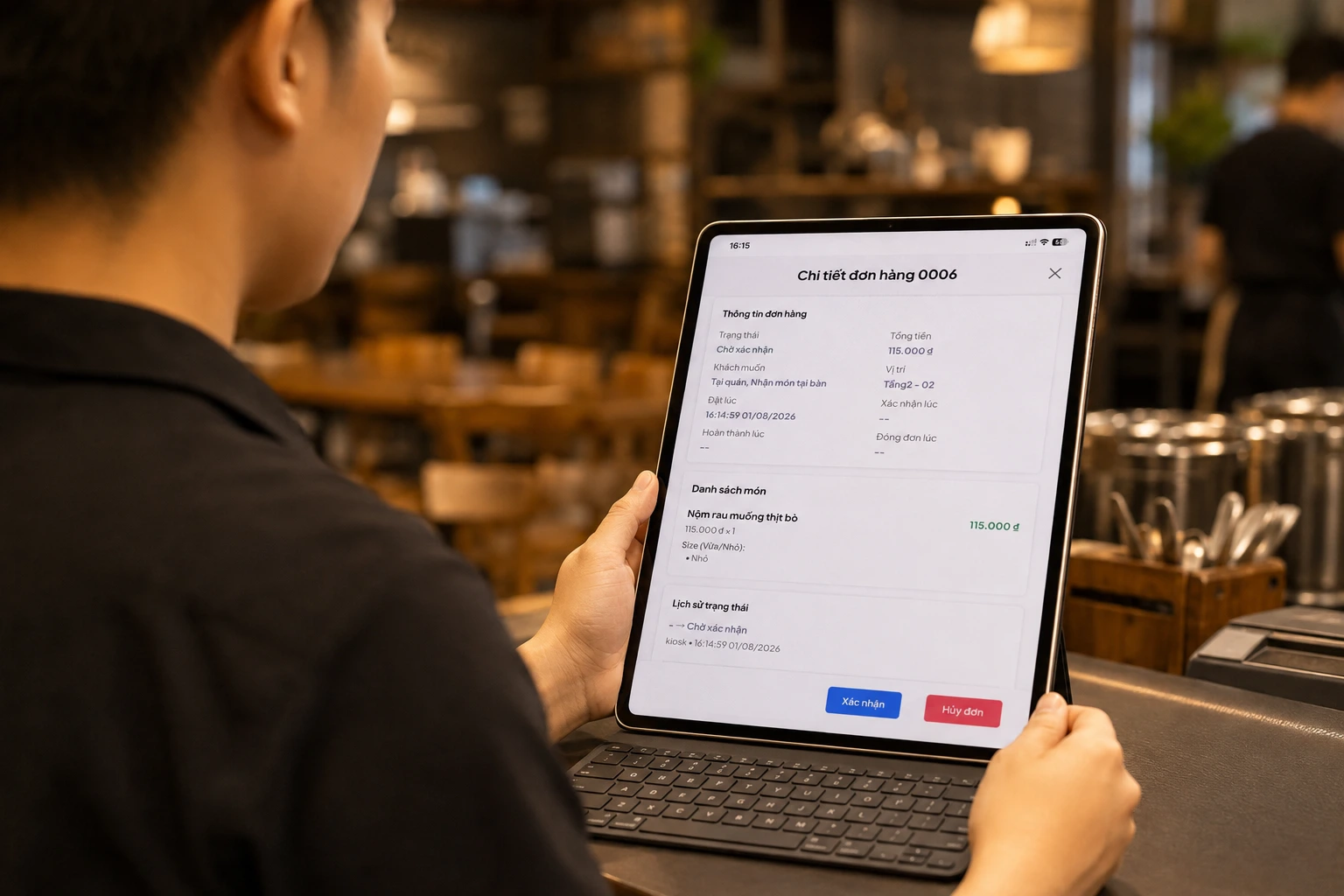 Chi tiết order nhà hàng trên KioskQR gồm món số lượng và tùy chọn