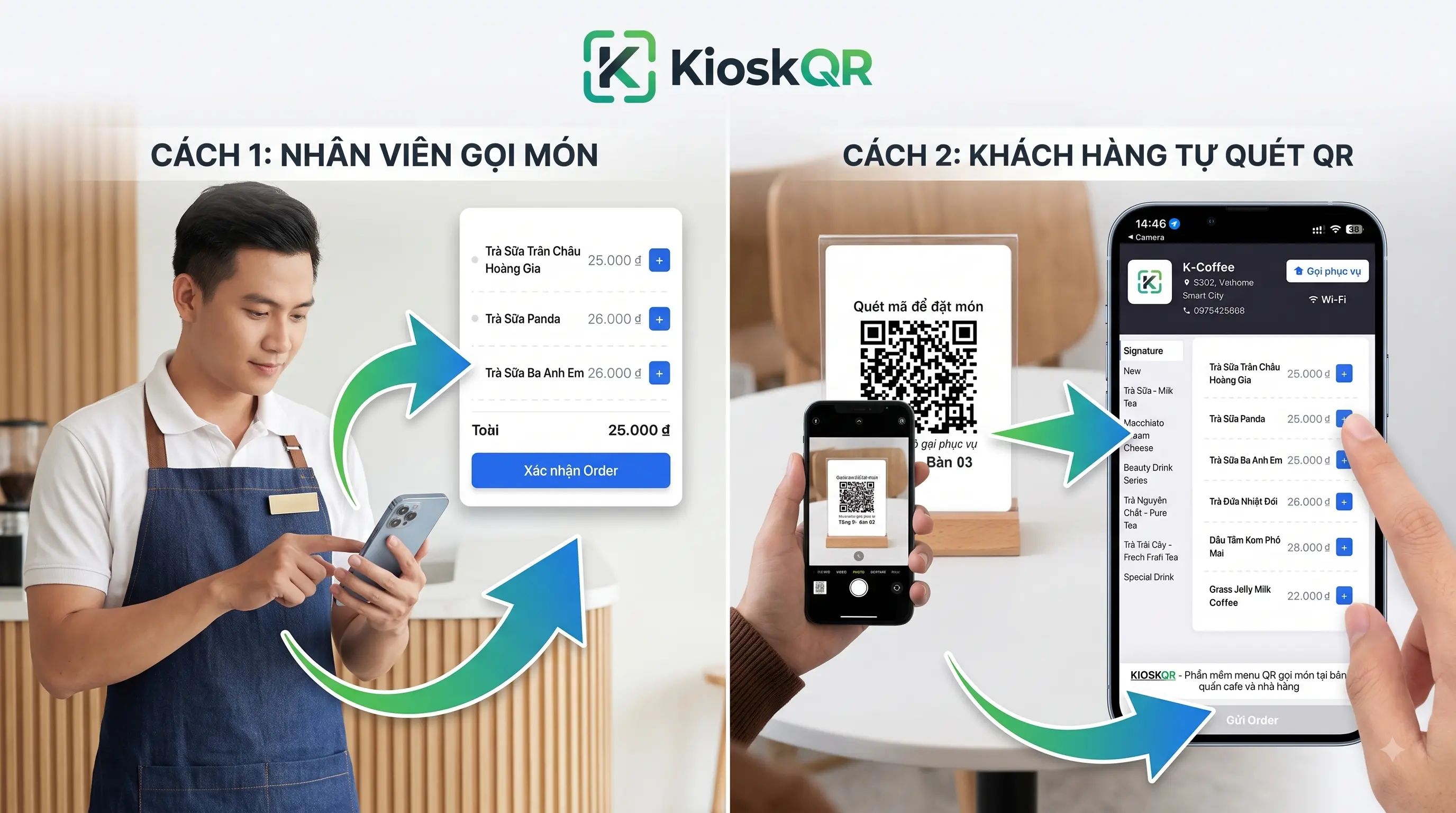 So sánh nhân viên order trên điện thoại và khách tự gọi món bằng QR