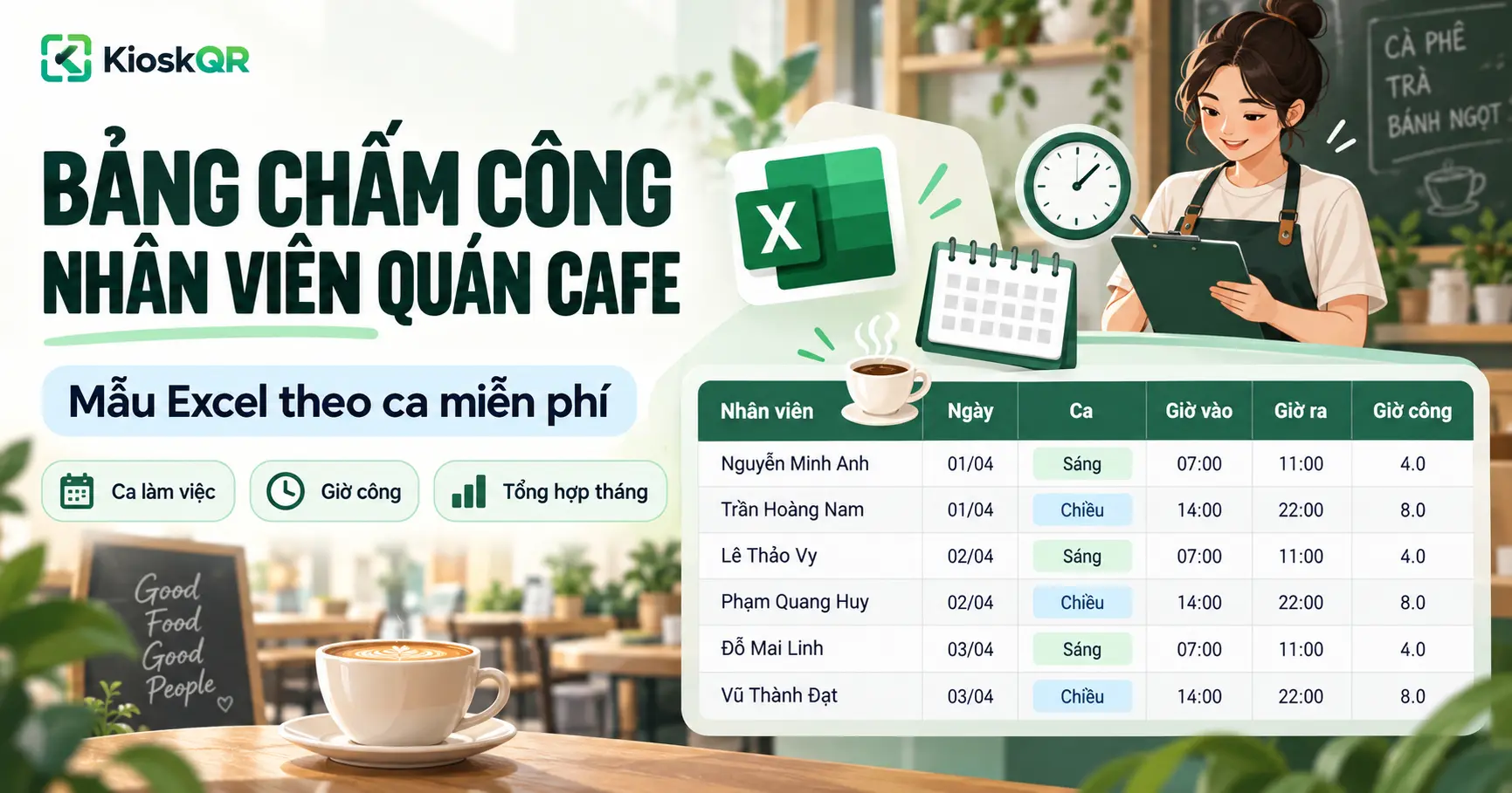 Bảng chấm công nhân viên quán cafe: Mẫu Excel theo ca