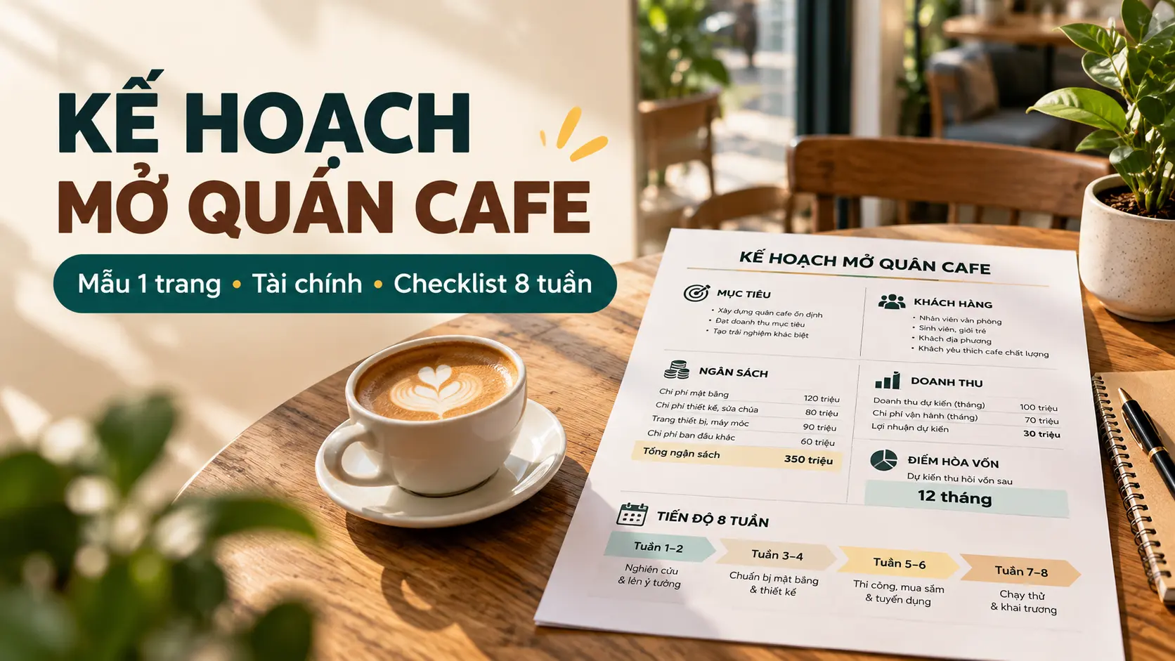 Kế hoạch mở quán cafe: Mẫu 1 trang + checklist triển khai theo tuần