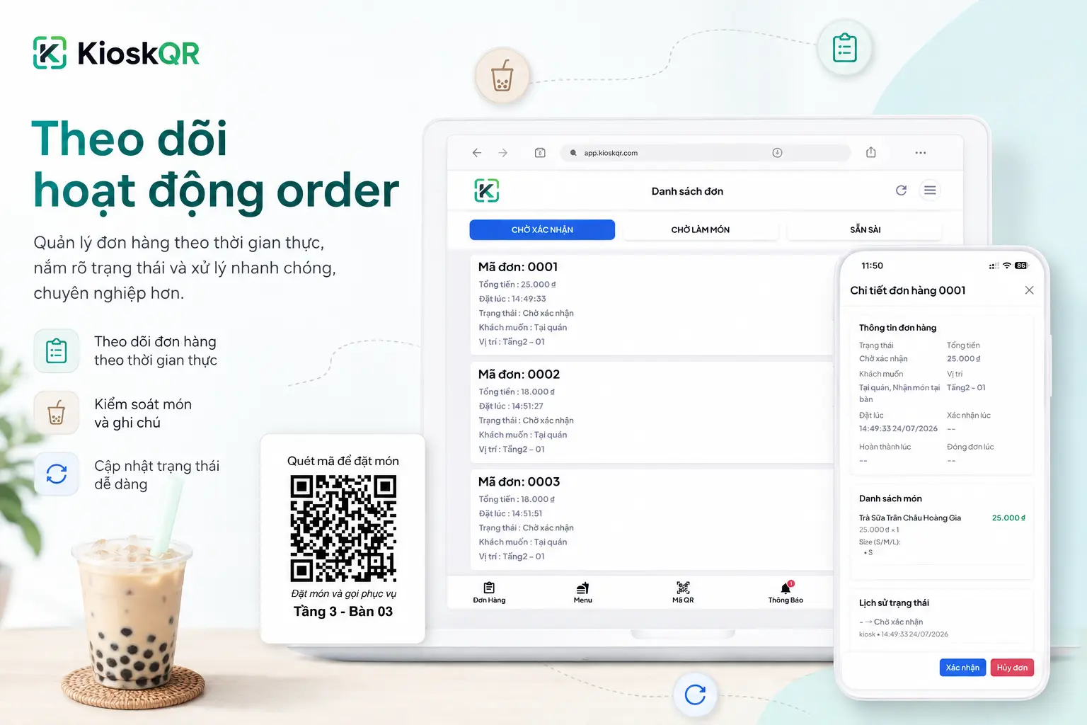 Báo cáo đơn hàng quán trà sữa trên KioskQR