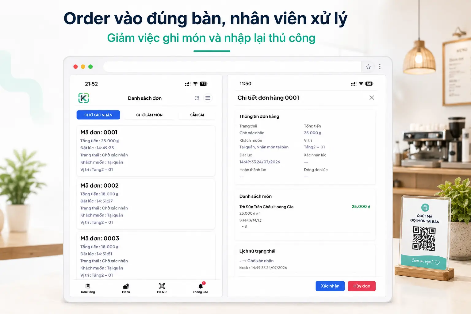 Danh sách và chi tiết order quán cafe trên KioskQR