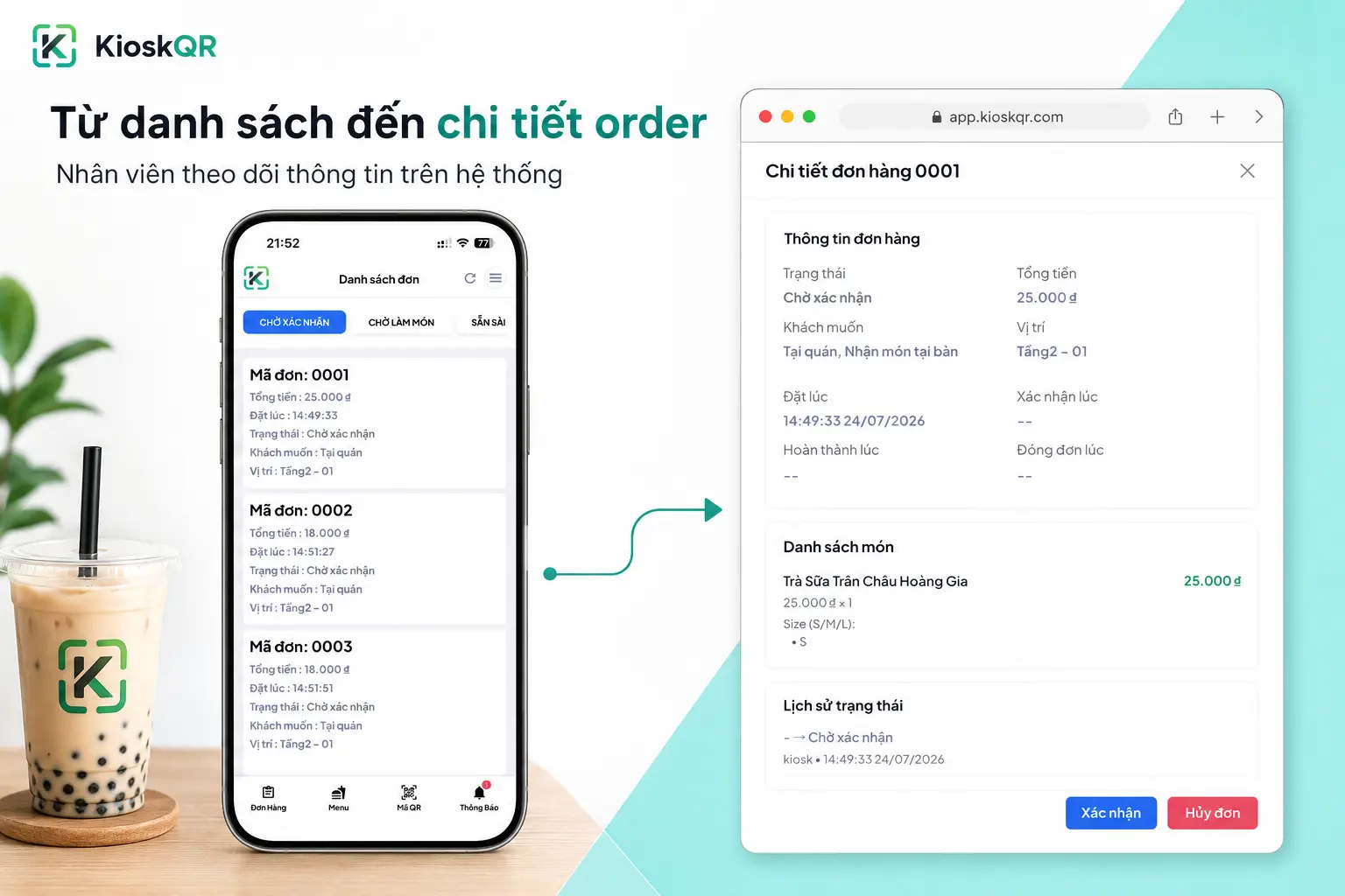 Danh sách order quán trà sữa trên KioskQR