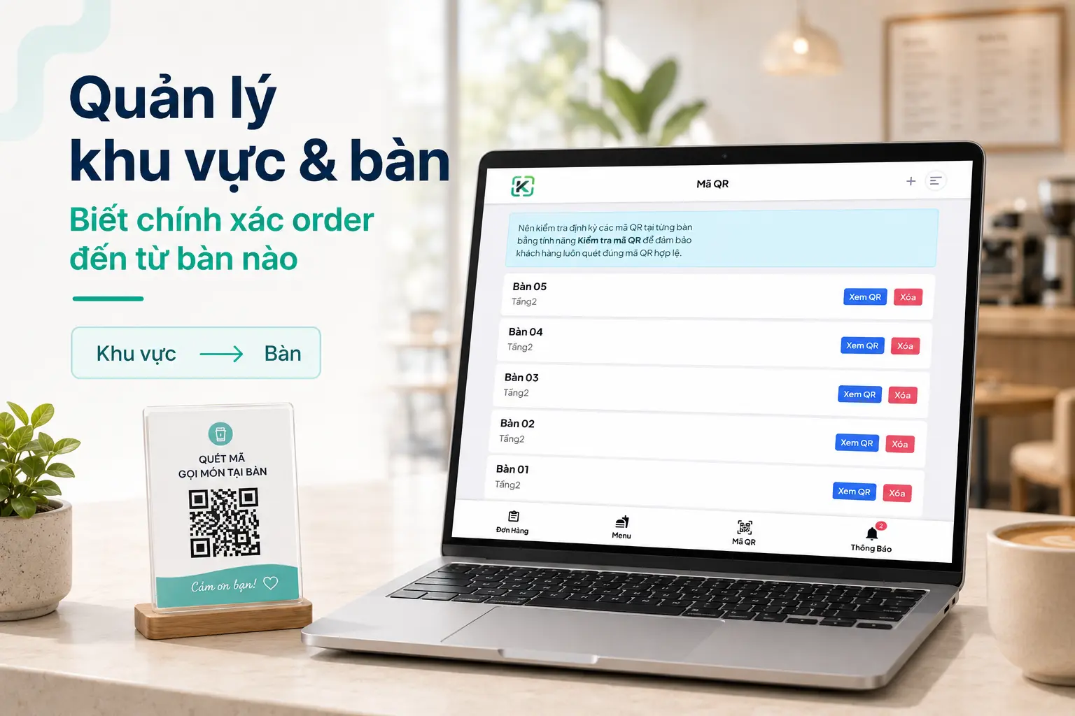 Giao diện quản lý khu vực và bàn quán cafe trong KioskQR