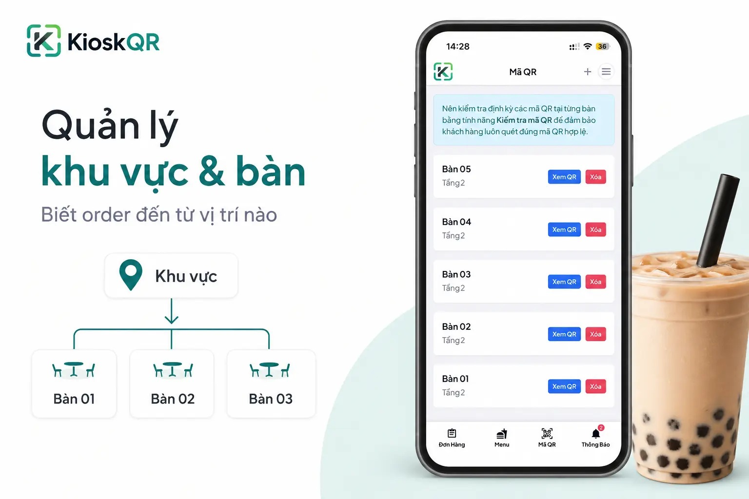 Quản lý khu vực và bàn quán trà sữa trên KioskQR
