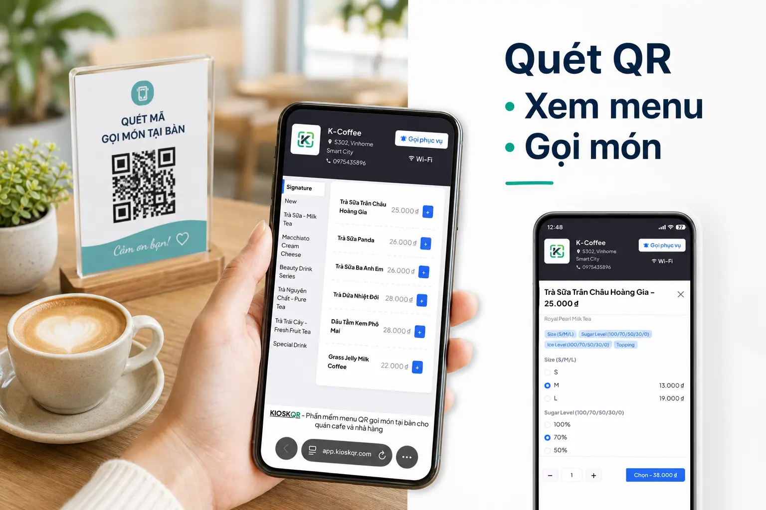 Menu QR quán cafe trên điện thoại với KioskQR