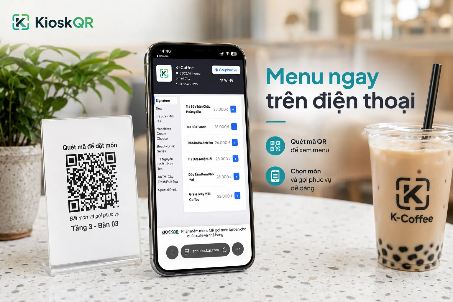 Menu quán trà sữa hiển thị trên điện thoại bằng KioskQR
