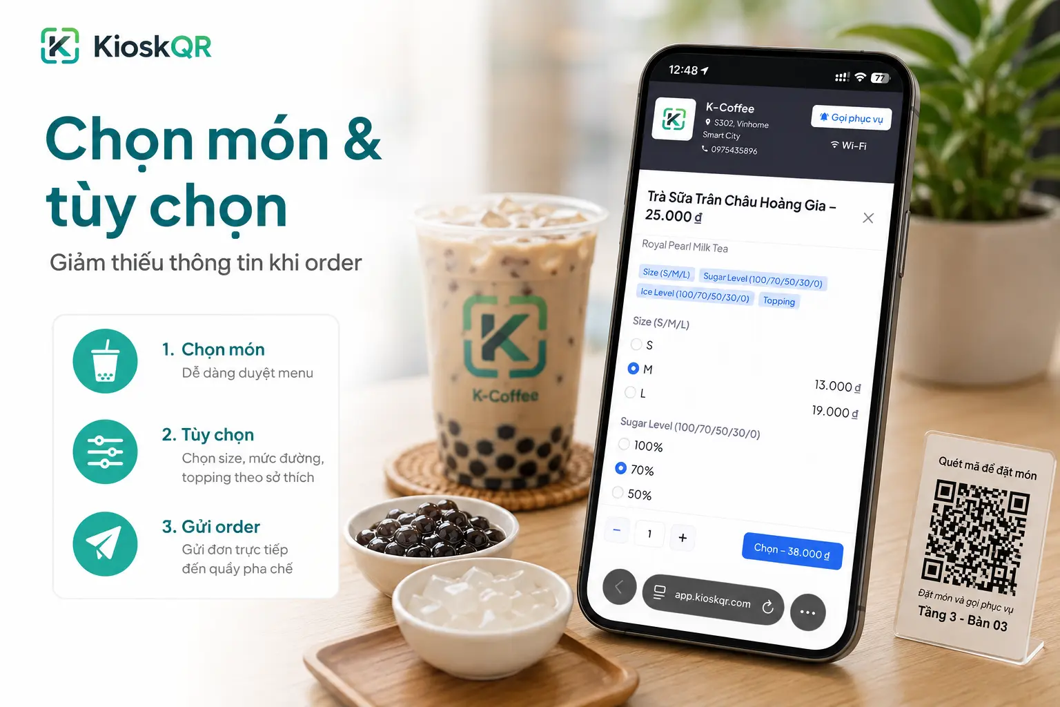 Giao diện chọn món và topping trà sữa trên KioskQR