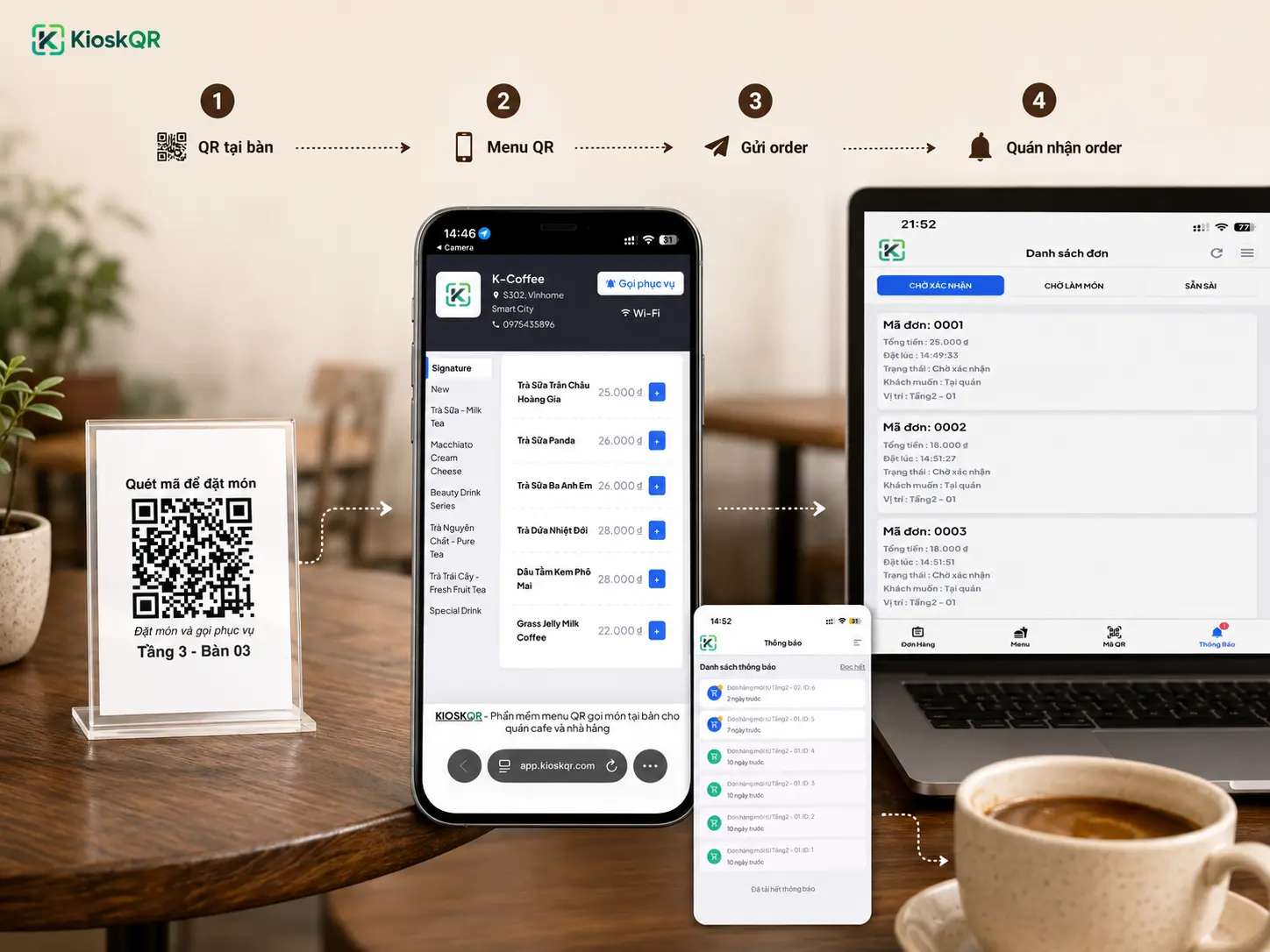 KioskQR hỗ trợ menu QR và order theo bàn cho quán cafe