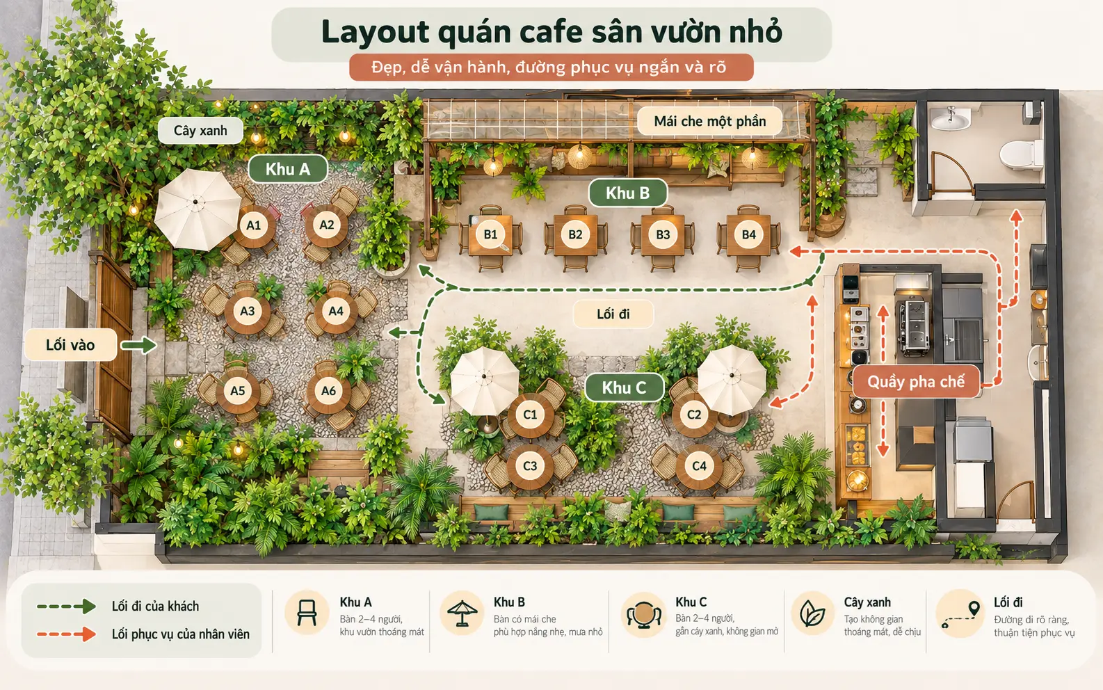 Sơ đồ layout quán cafe sân vườn nhỏ với quầy lối đi khu bàn và cây xanh