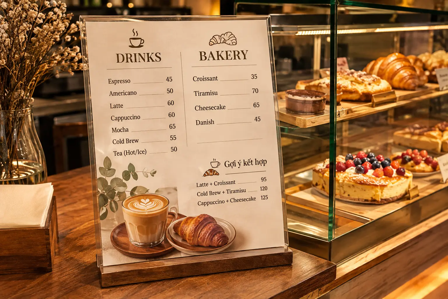 Mẫu menu cafe kết hợp bánh ngọt và đồ uống
