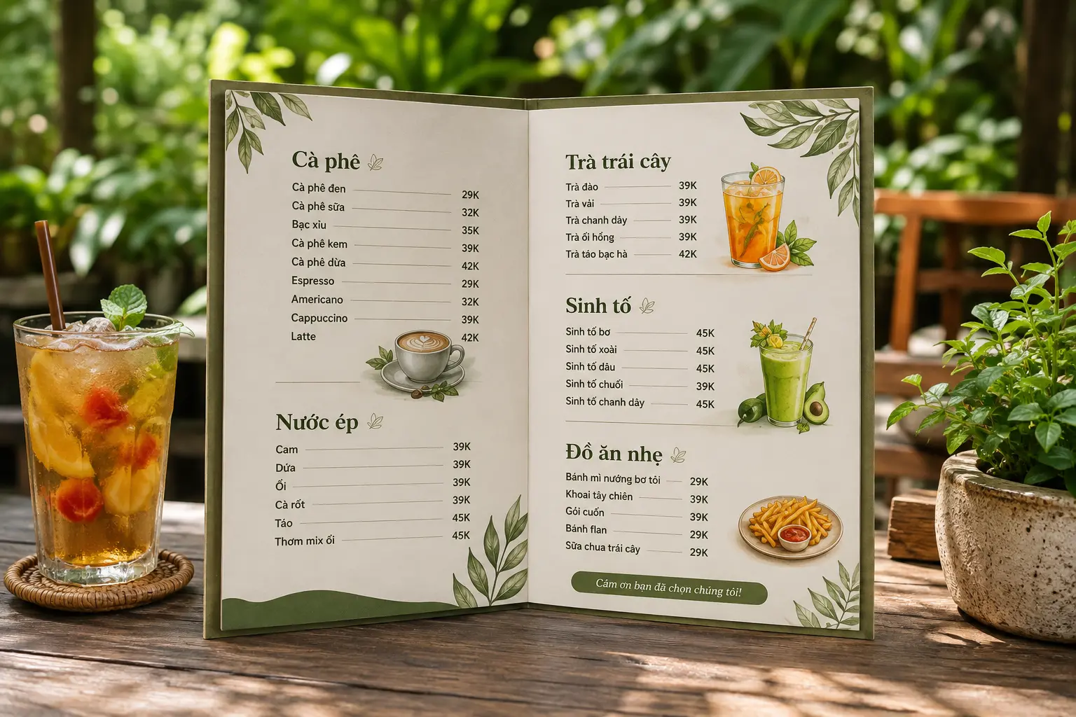 Mẫu menu cafe sân vườn với cà phê trà trái cây nước ép và sinh tố