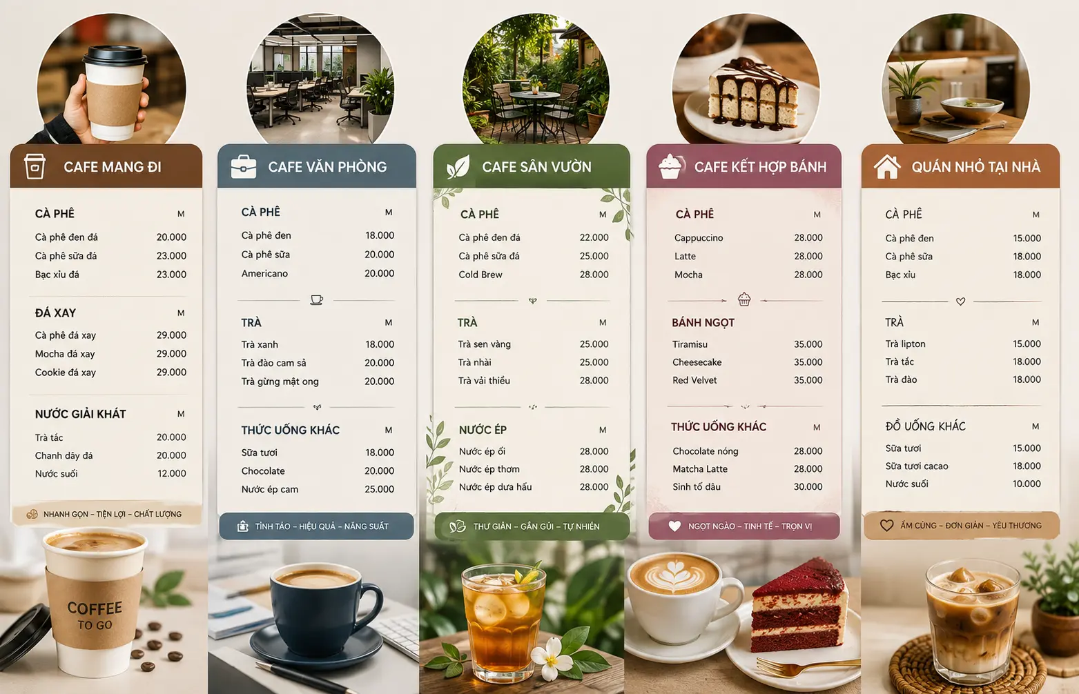 Mẫu menu cafe theo mô hình mang đi văn phòng sân vườn và kết hợp bánh
