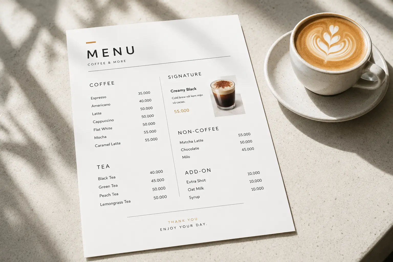 Mẫu menu cafe tối giản hiện đại dễ đọc