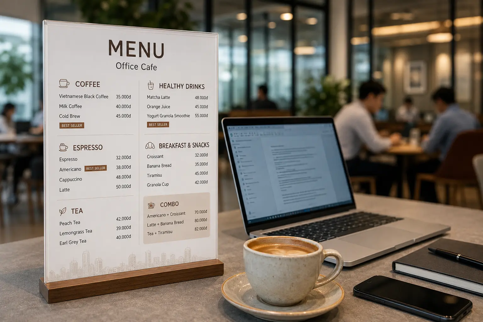 Mẫu menu cafe văn phòng gồm cà phê trà và đồ ăn nhẹ