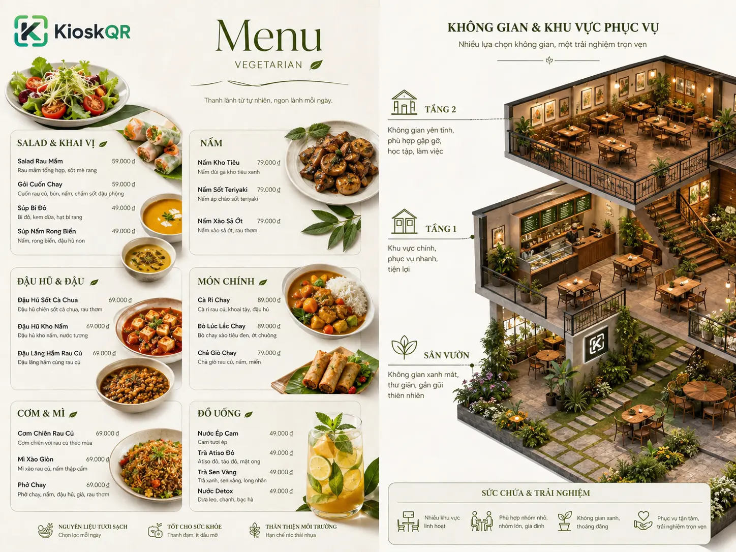 Mẫu menu nhà hàng chay và nhà hàng nhiều khu vực