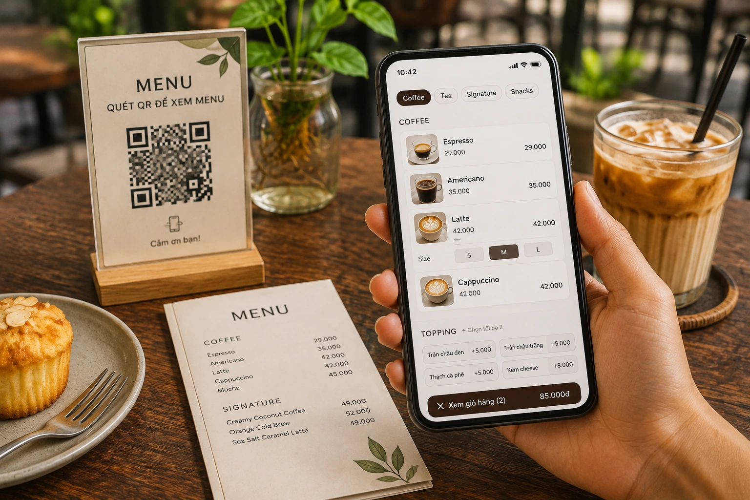 Mẫu menu QR quán cafe hiển thị trên điện thoại