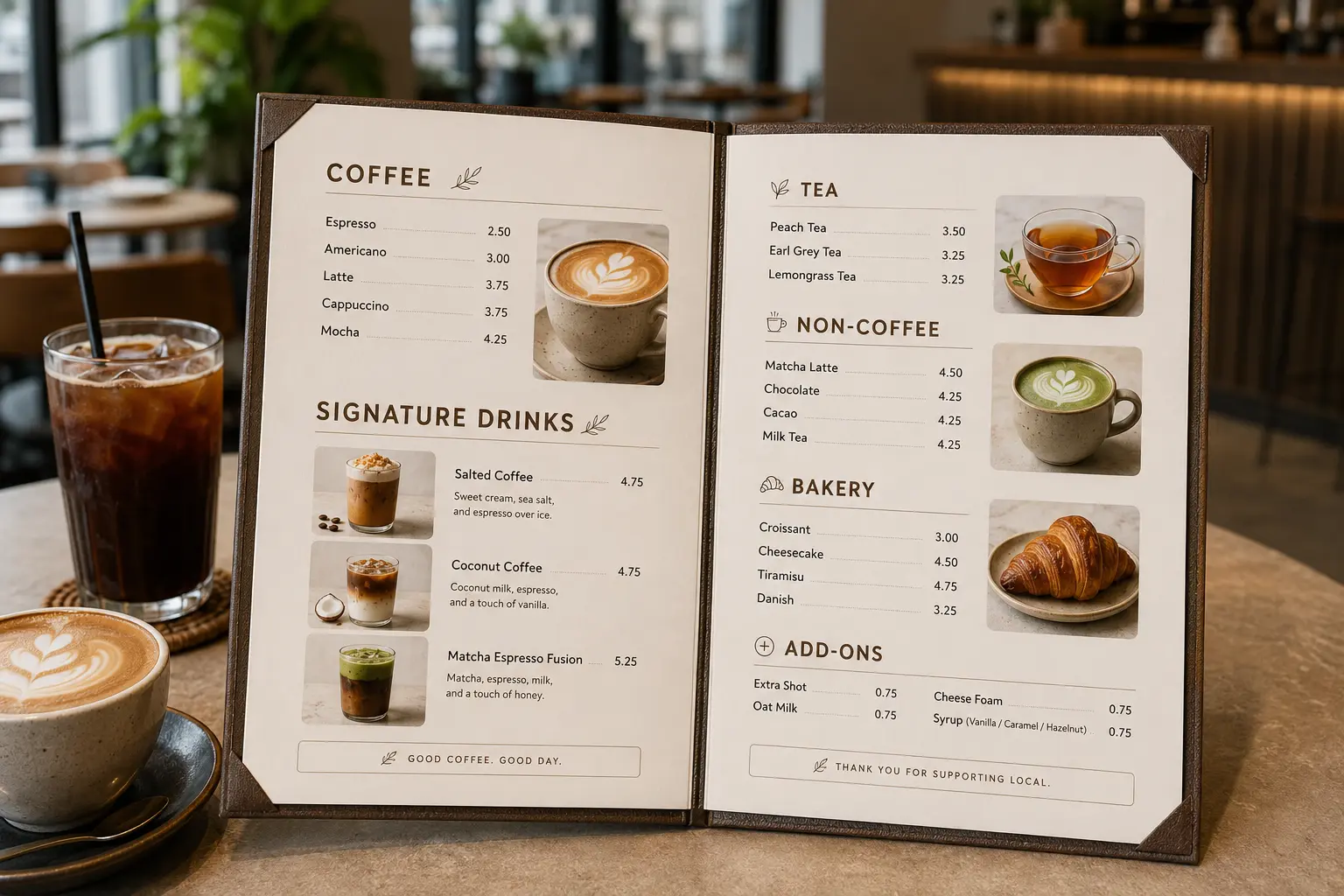 Mẫu menu quán cafe hai mặt chia nhóm đồ uống và bánh
