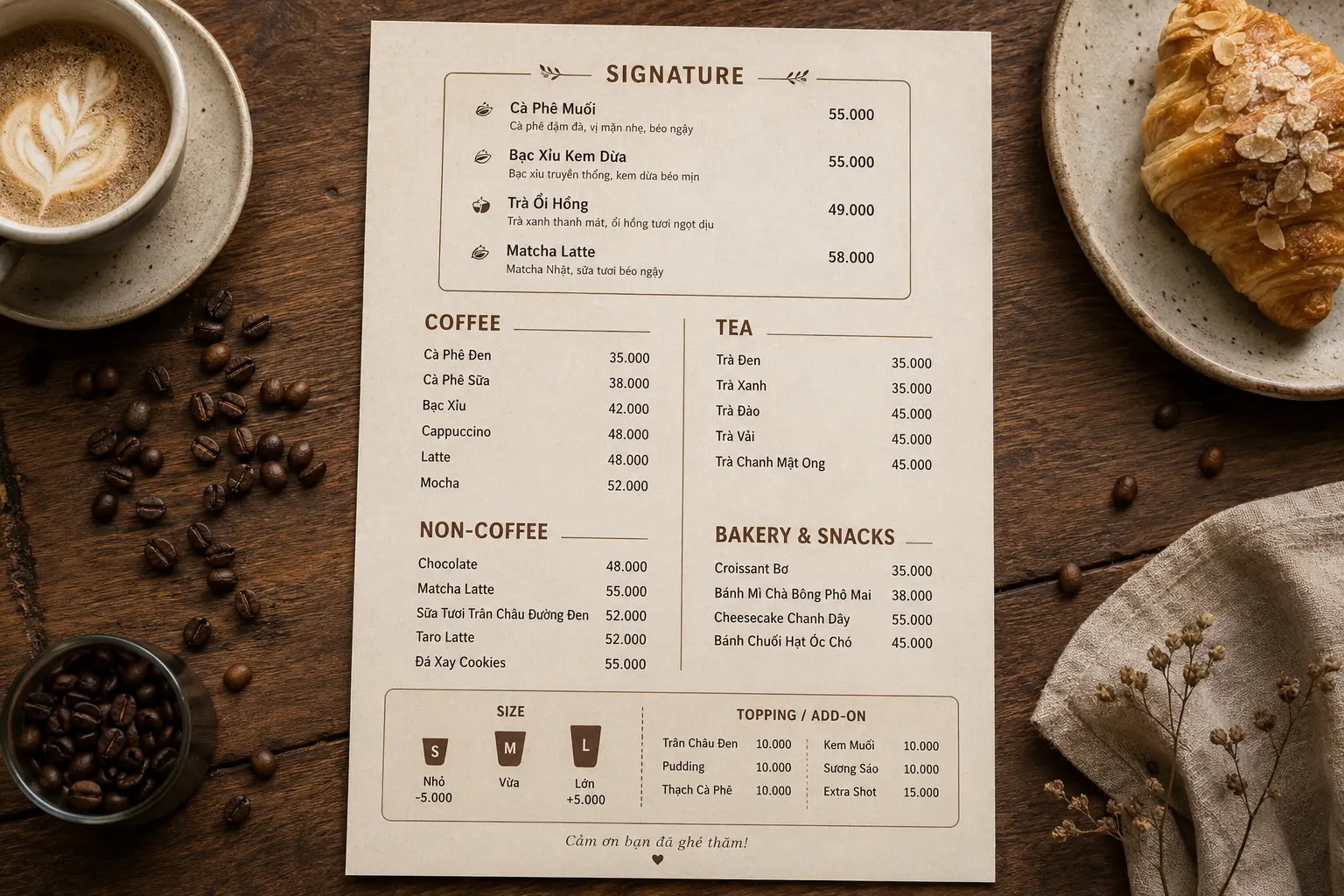 Mẫu menu quán cafe một trang bố cục gọn