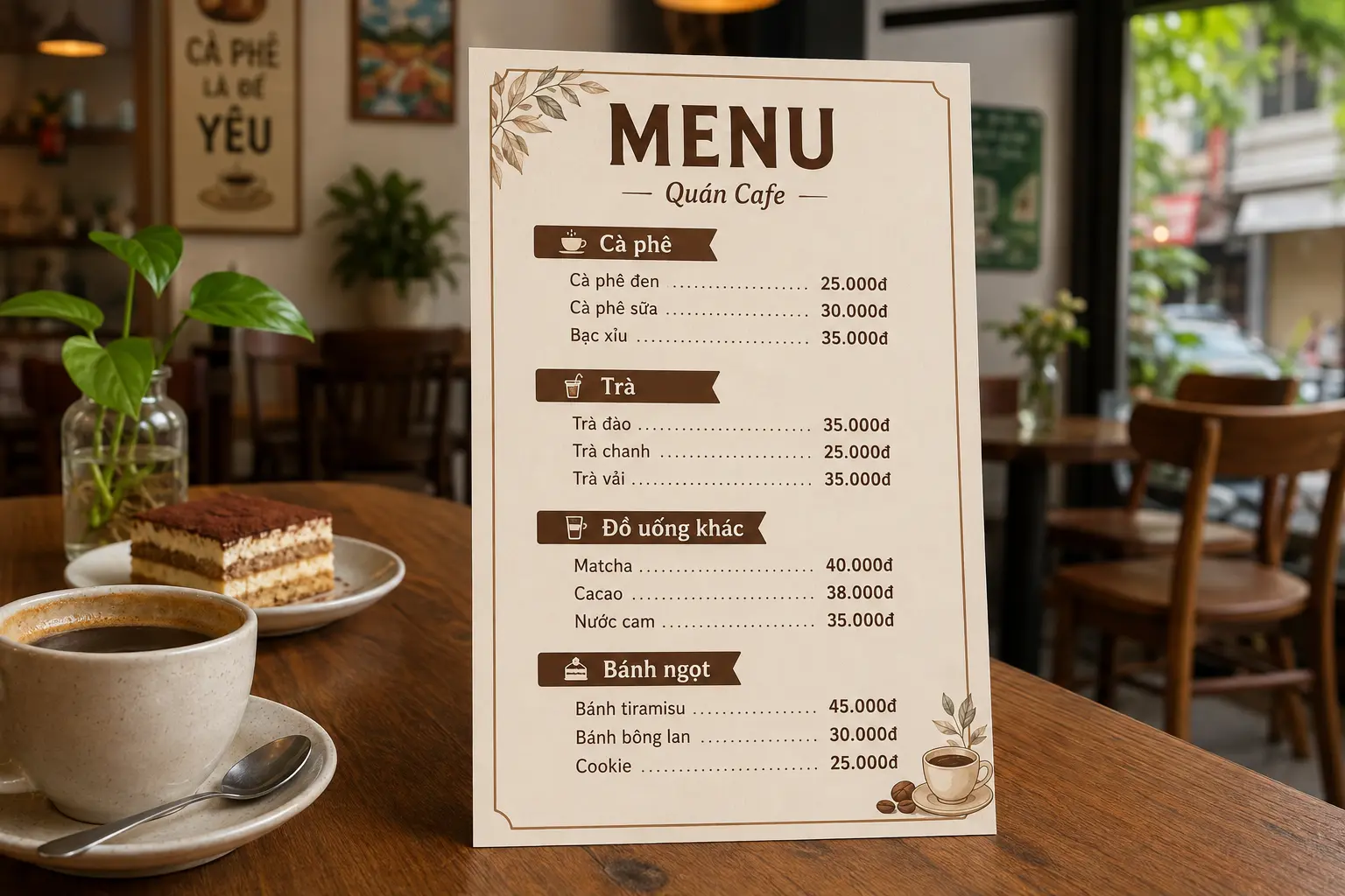Mẫu menu quán cafe nhỏ bình dân với các nhóm cà phê trà và bánh