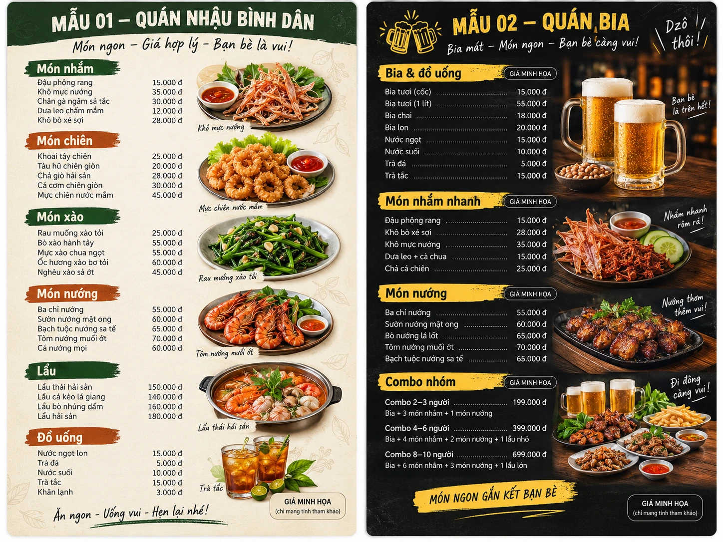 Mẫu menu quán nhậu bình dân và quán bia