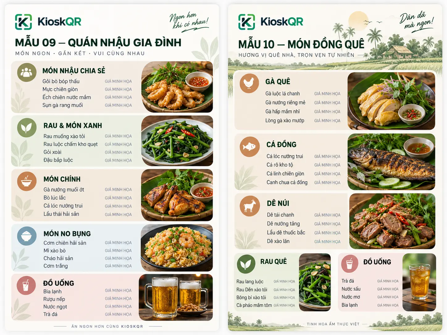Mẫu menu quán nhậu gia đình và quán món đồng quê