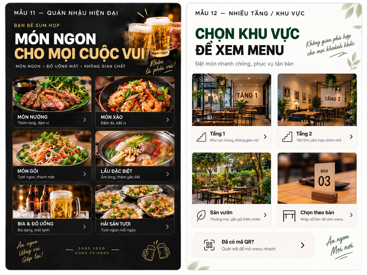 Mẫu menu quán nhậu hiện đại và quán nhiều khu vực