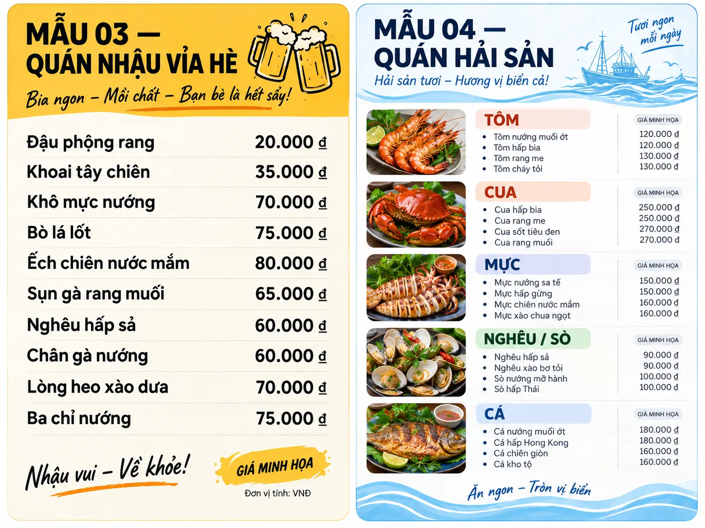 Mẫu menu quán nhậu vỉa hè và quán hải sản