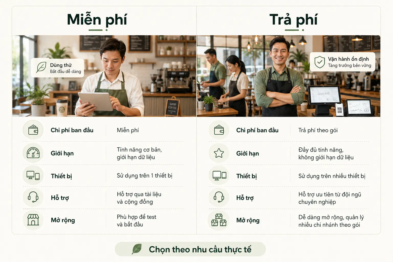 So sánh phần mềm quản lý quán cafe miễn phí và trả phí